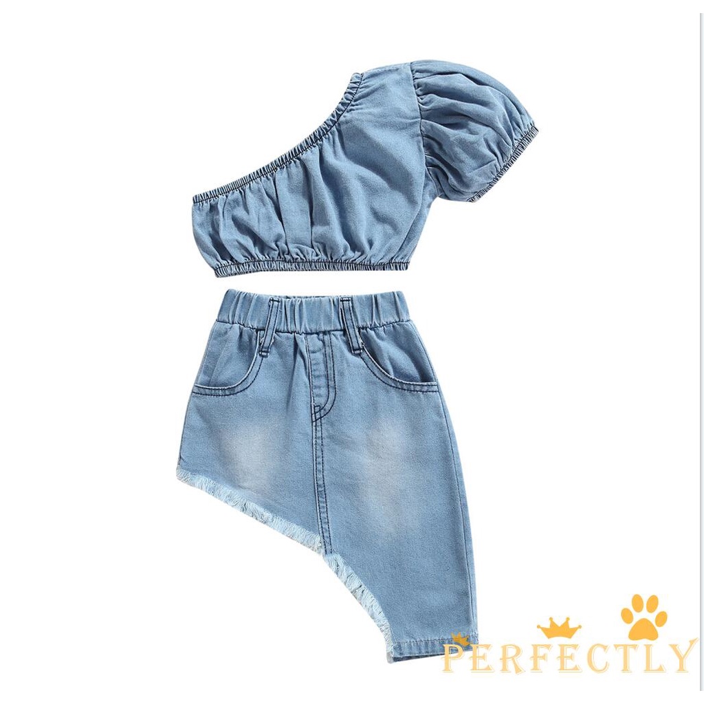 Set Áo Trễ Vai Ngắn Tay + chân váy jean Thời Trang Cho Bé Gái  Tuổi