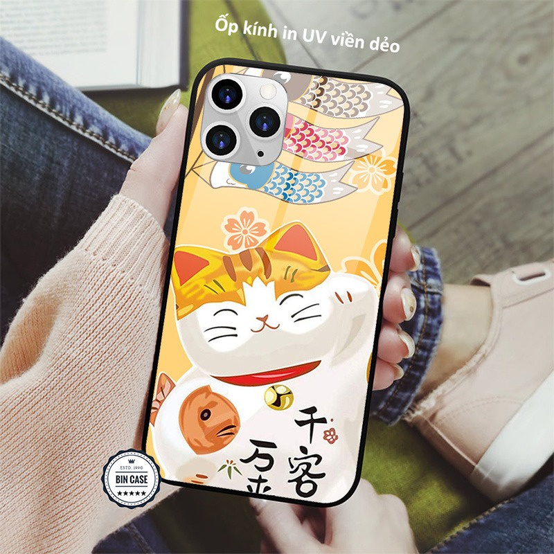 ❤Ốp Mèo Thần Tài màu vàng siêu đẹp ❤Ốp Kính thiết kế cực hot iphone 13 12 11 Pro Max 6s 6 7 8 Plus X Xr Xs Max MEO025