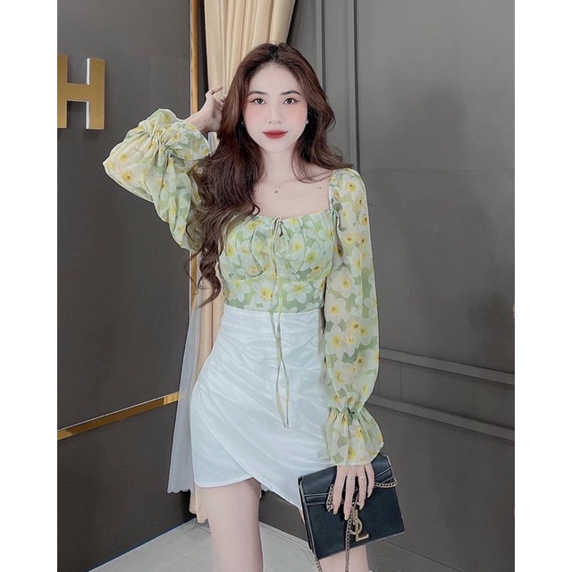 Set áo hoa xanh chân váy trắng vạt