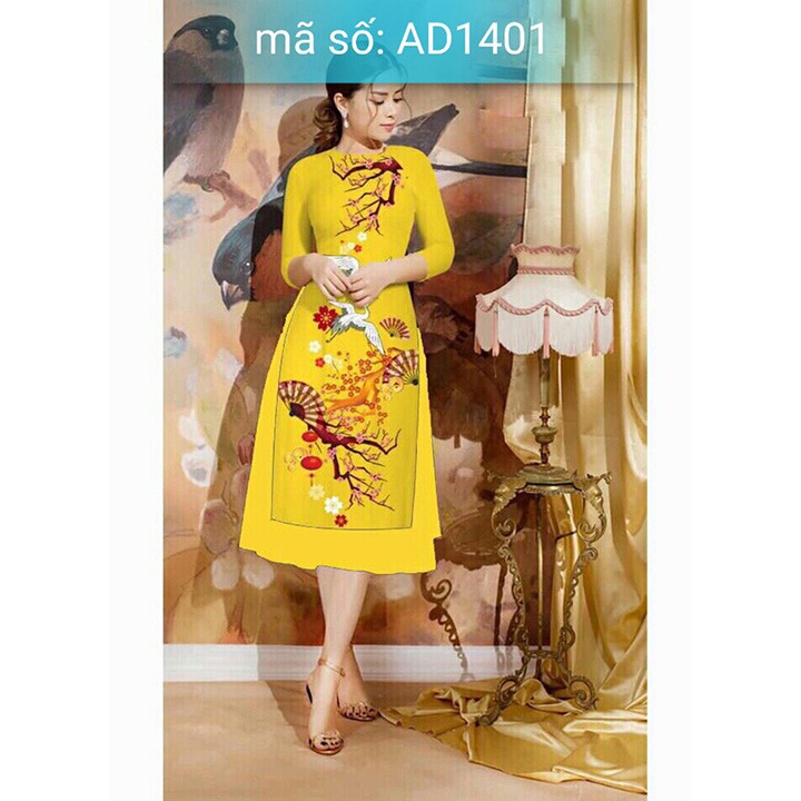 AD1401 Có size 4XL Áo Dài Cách Tân cổ tròn in họa tiết chim hạt và hoa mai mùa xuân kèm váy