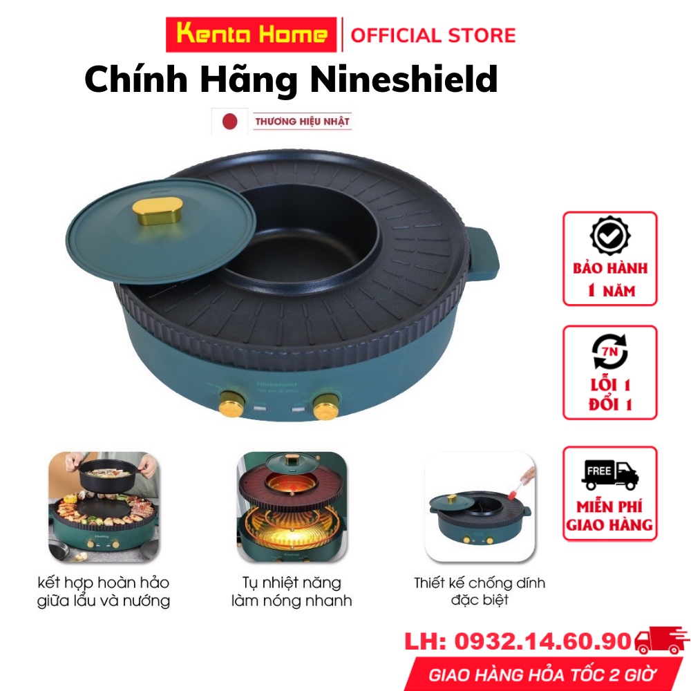 Nồi lẩu nướng đa năng 2 trong 1, Nồi lẩu nướng điện Nineshield KB-518 loại to 51cm sử dụng cho cả gia đình, BH 1 năm