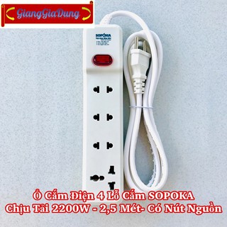 Ổ Cắm Điện 4 Lỗ Cắm SOPOKA 4M2 Chịu Tải 2200W - 2.5 Mét - Có Nút Nguồn