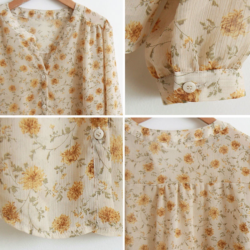 Áo sơ mi chiffon tay dài cổ chữ V họa tiết hoa thời trang mùa xuân ngọt ngào dành cho nữ