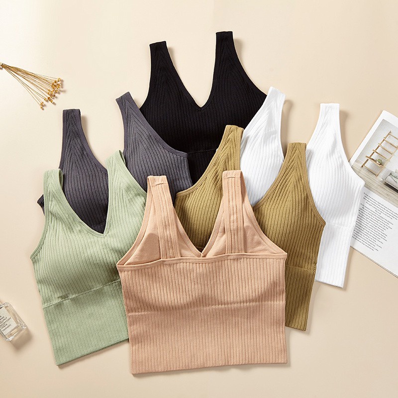 Áo Ngực Bra Len Tăm Thân Dài, Bra Tập Gym Thể Thao Phong Cách Hàn Kết Hợp Với Vest Khoác Ngoài Sang Chảnh V90
