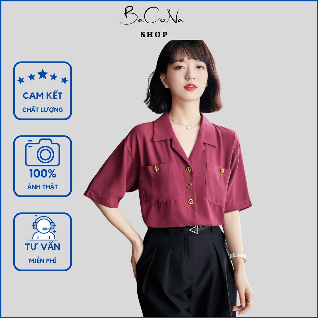 Áo sơ mi nữ kiều Hàn Quốc form rộng ngắn tay có túi kiểu pháp cổ chữ V
