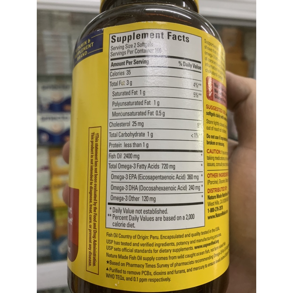 Viên uống Dầu Cá Nature Made Fish Oil 1200mg 360mg Omega 3 200 viên