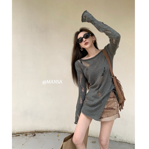 Áo sweater Dệt Kim Tay Dài Thiết Kế Rách Phong Cách Hàn Quốc Thời Trang Mùa Thu Quyến Rũ Cho Nữ