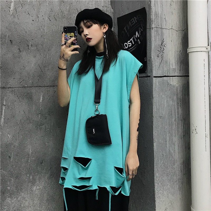 Áo Thun Sát Nách Dáng Rộng Phối Rách Kiểu Retro Hàn Quốc Thời Trang Mùa Hè Cho Cặp Đôi