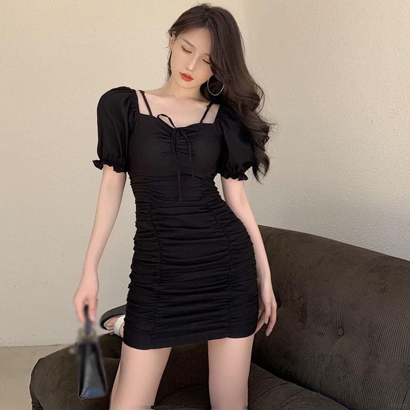 Đầm Tay Ngắn Phồng Cổ Vuông Màu Sắc Ngọt Ngào Phong Cách Hàn Quốc