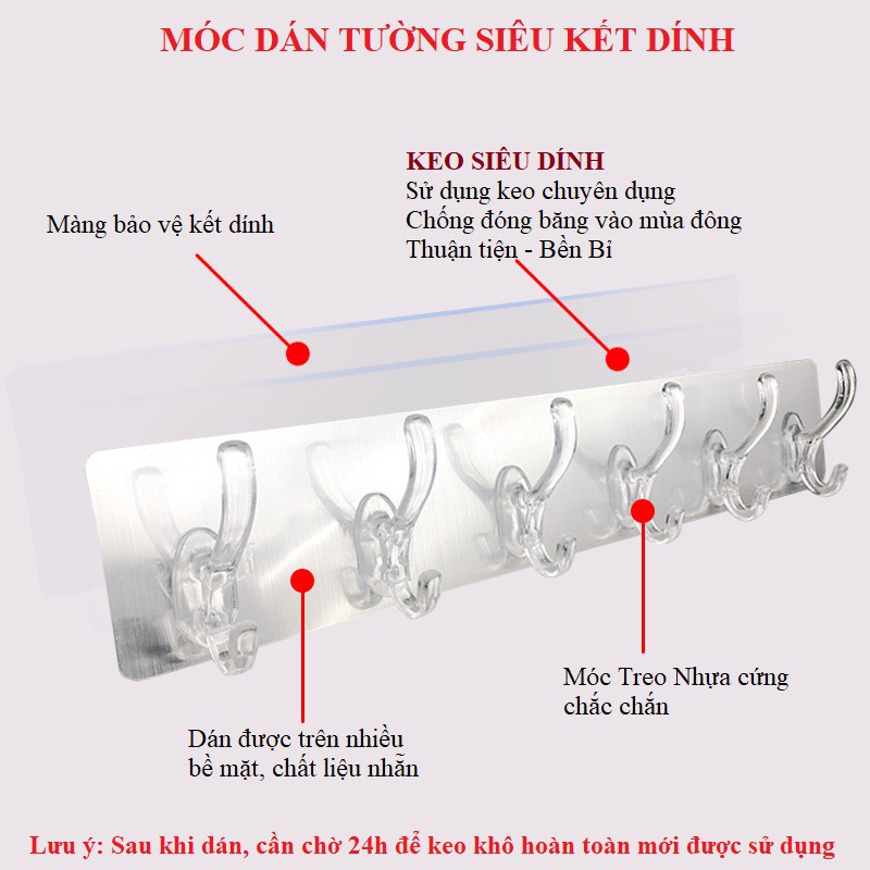 Thanh 6 Móc Dán Tường Siêu Dính Trong Suốt Treo Đồ, Quần Áo, Khăn, Đồ Dùng Nhà Bếp - THANH 6 MÓC LIỀN MẠCH