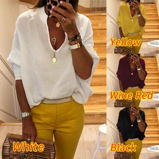 Áo Blouse nữ cổ chữ V tay dài dáng suông