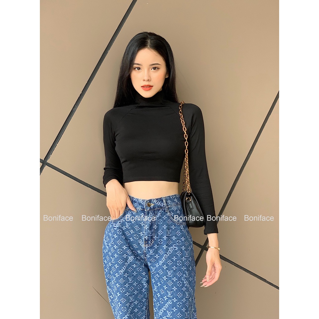 Áo croptop cổ lọ tay dài Mugung Áo thun dài tay cổ lọ chất cotton