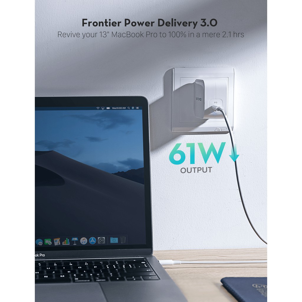 Củ Sạc Ravpower 1cổng Usb-c 61W PD 3.0 - Công Nghệ GaN RP-PC112