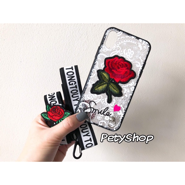 Ốp hoa hồng thêu kèm dây iphone 7plus/8plus/X