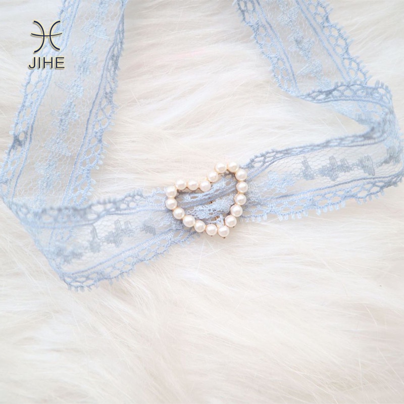 【JIHE】Vòng Cổ Choker Màu Xanh Dương Phối Ren Và Hạt Ngọc Trai Thời Trang Nhật Hàn