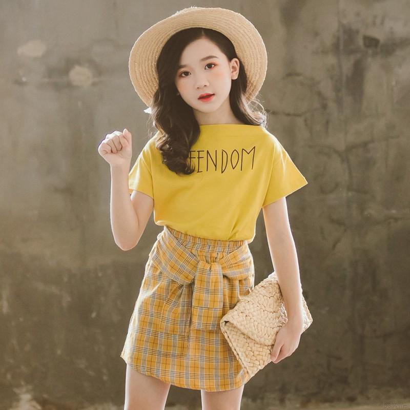 Bộ áo thun cotton ngắn tay + chân váy caro cho bé gái