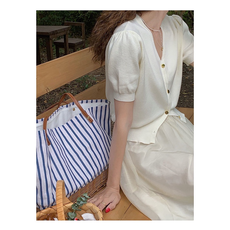 Áo cardigan Ngắn Tay Phồng Cổ Chữ v Phong Cách retro Thời Trang Hàn Quốc