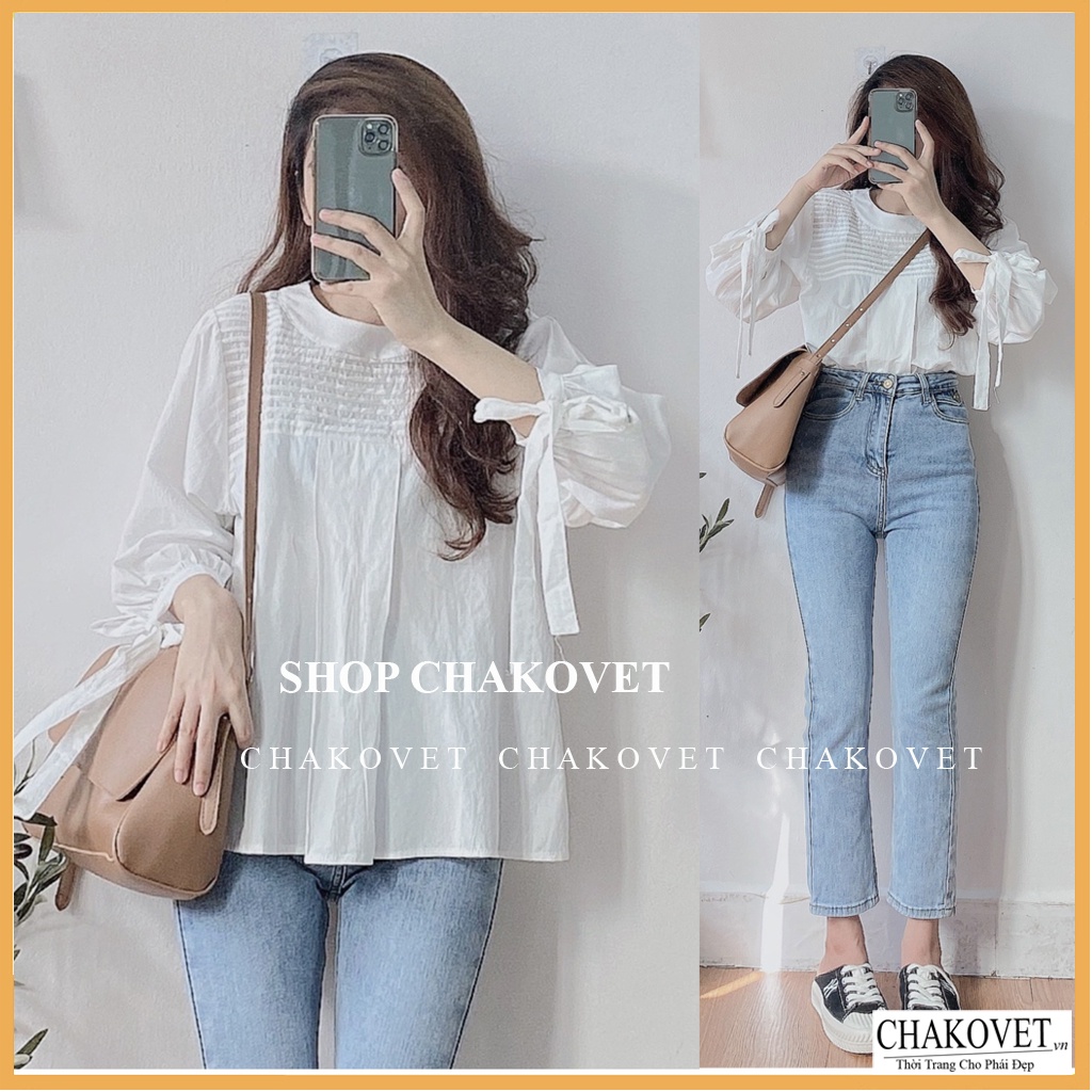 Áo sơ mi nữ tay lỡ trắng be CKA874, kiểu áo nữ thiết kế tay phồng thắt nơ cổ tròn xếp ly thời trang hàn quốc sang trọng | BigBuy360 - bigbuy360.vn