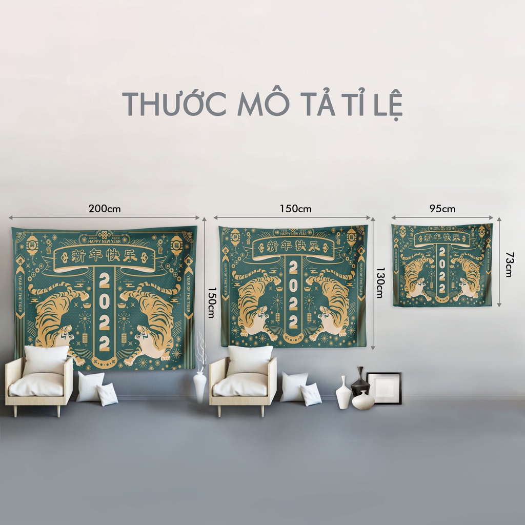 Tranh vải in 3D treo tường trang trí TẾT, decor CHÚC MỪNG NĂM MỚI, HAPPY NEWYEAR, [ tặng móc treo, miếng dán định vị]