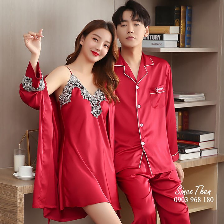 Đồ ngủ đôi tân hôn lụa cao cấp màu đỏ, Pyjama đôi nam nữ đẹp - Since Then