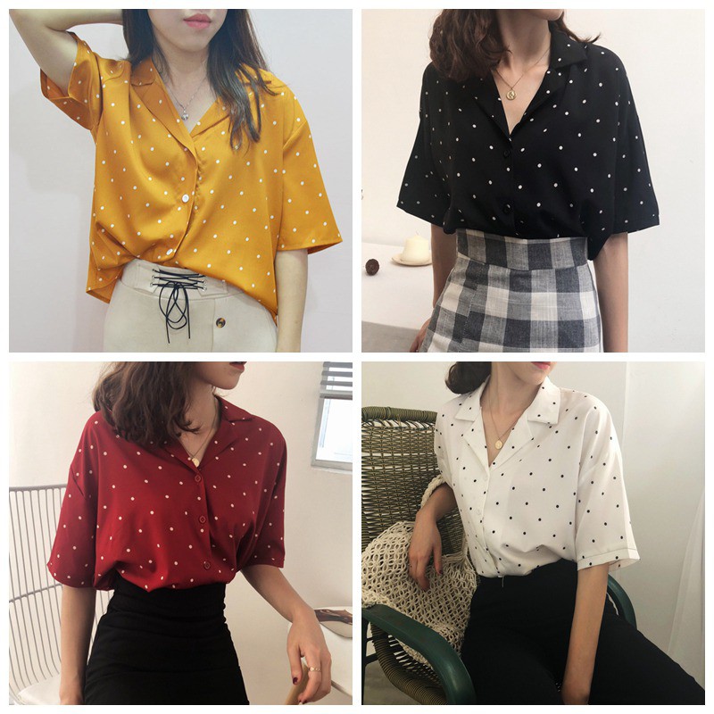 [Baywellfashion]Áo kiểu vải voan tay ngắn hoạ tiết chấm bi thanh lịch dành cho nữ | BigBuy360 - bigbuy360.vn
