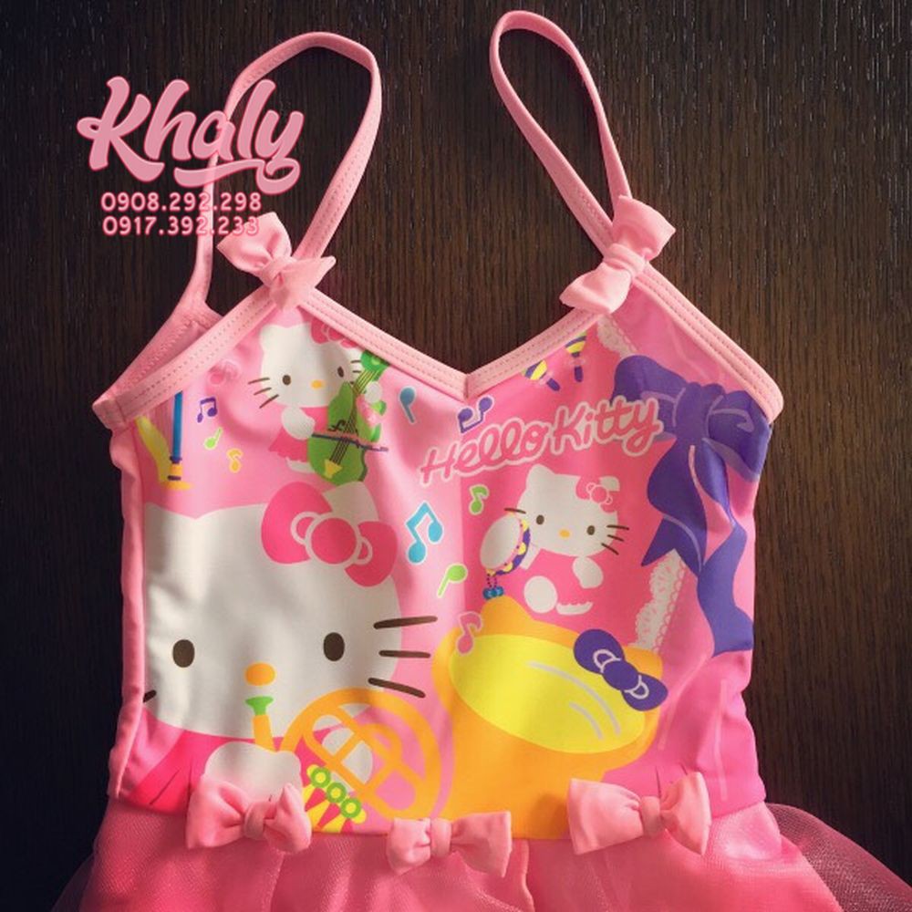 Bộ đồ bơi 2 dây liền thân phối lưới hình Hello Kitty nơ màu hồng có size (S,M,XL,XXL) dành cho trẻ em, bé gái - 70HEG325