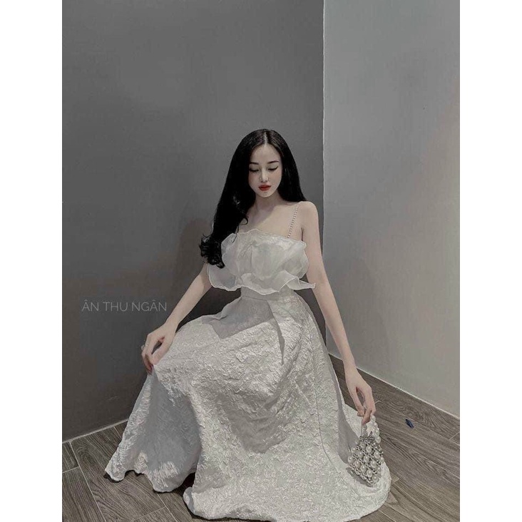 Đầm Nữ Thời Trang Mặc Đi Tiệc, Đầm Gấm 2 Dây Xếp Ly Phối Voan Bèo Mặc Đi Tiệc Sang Chảnh