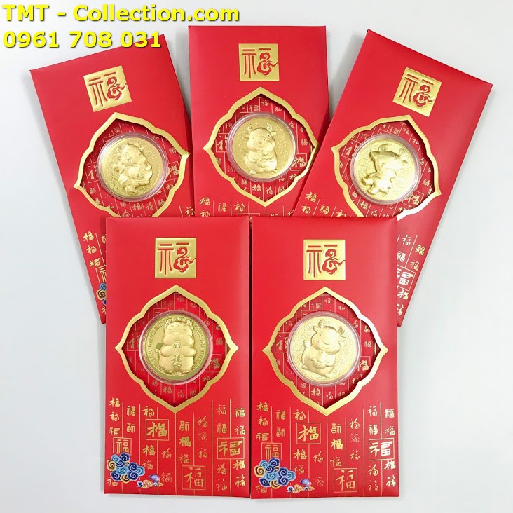 Bao Lì Xì Đồng Xu Con Trâu Cute Mạ Vàng chất liệu Giấy bìa, hộp nhựa, màu đỏ - SP005044