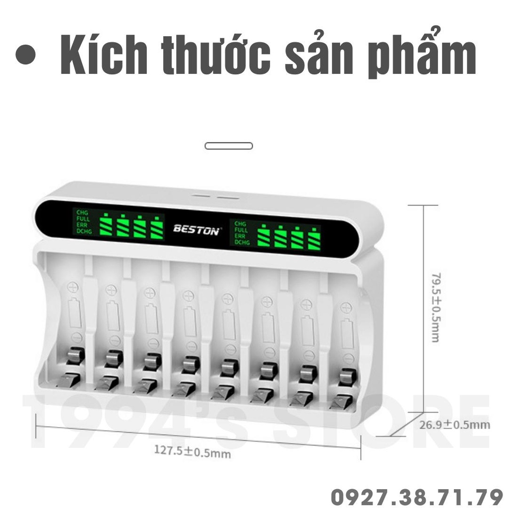 Bộ Sạc 8 pin AA AAA Beston C9024L Version 2023 sạc nhanh, tự ngắt khi đầy, đèn LED báo thông minh,Cổng sạc Type C
