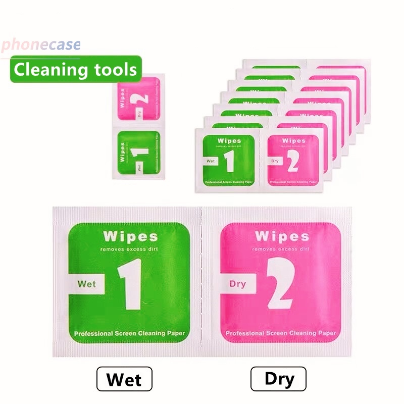 Khăn lau 1 và 2 mếng lau vệ sinh màn hình điện thoại trước khi dán kính cường lực điện thoại - Giấy lau ướt khô
