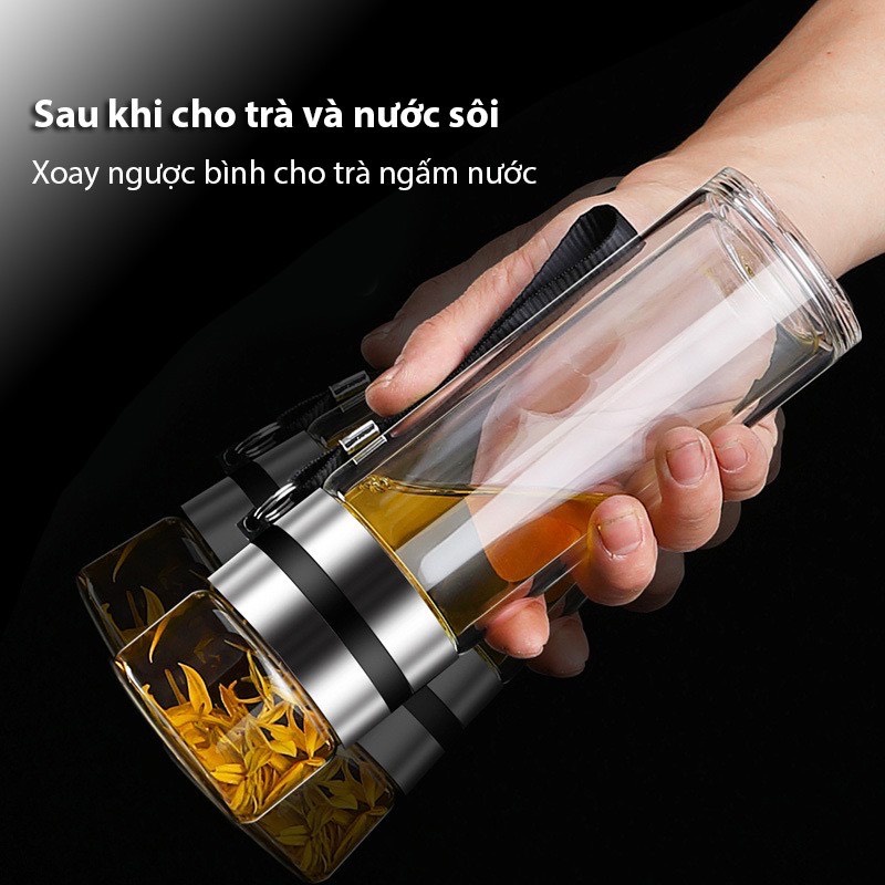 Bình Pha Trà Thủy Tinh 2 Lớp Cách Nhiệt Loại 450ml, Lõi Lọc Inox 304