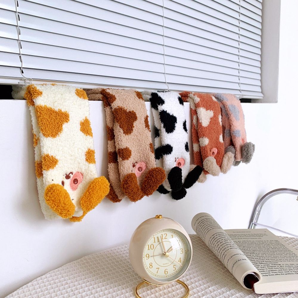 Vớ cao vải lông cừu san hô mềm mại dày dặn thoáng khí thêu tai thú đáng yêu cho nữ