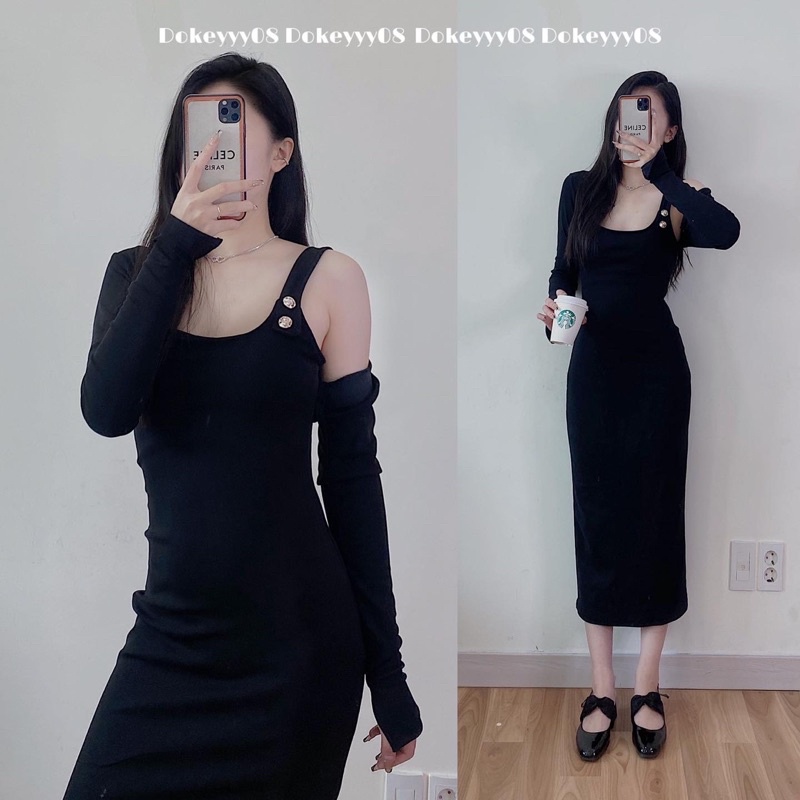 Set váy body khuy vai dáng dài co giãn