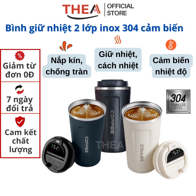 Bình nước giữ nhiệt cao cấp, ly cốc giữ nhiệt coffee mini inox 304 có hiển thị nhiệt độ 510ml nắp chống đổ - THEA