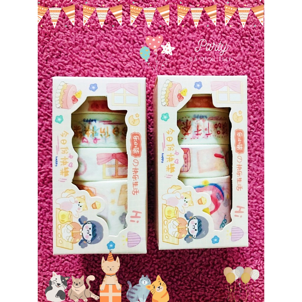 [SALE] Hộp 5 cuộn băng keo nhãn dán washi tap cao cấp [RINH LÀ CÓ QUÀ] trang trí mọi nơi siêu cute