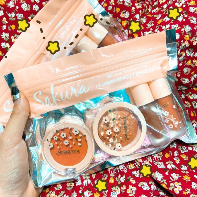 Set Mỹ Phẩm Sakura Beauty Flower Gồm 2 Má Hồng &amp; 2 Son Kem