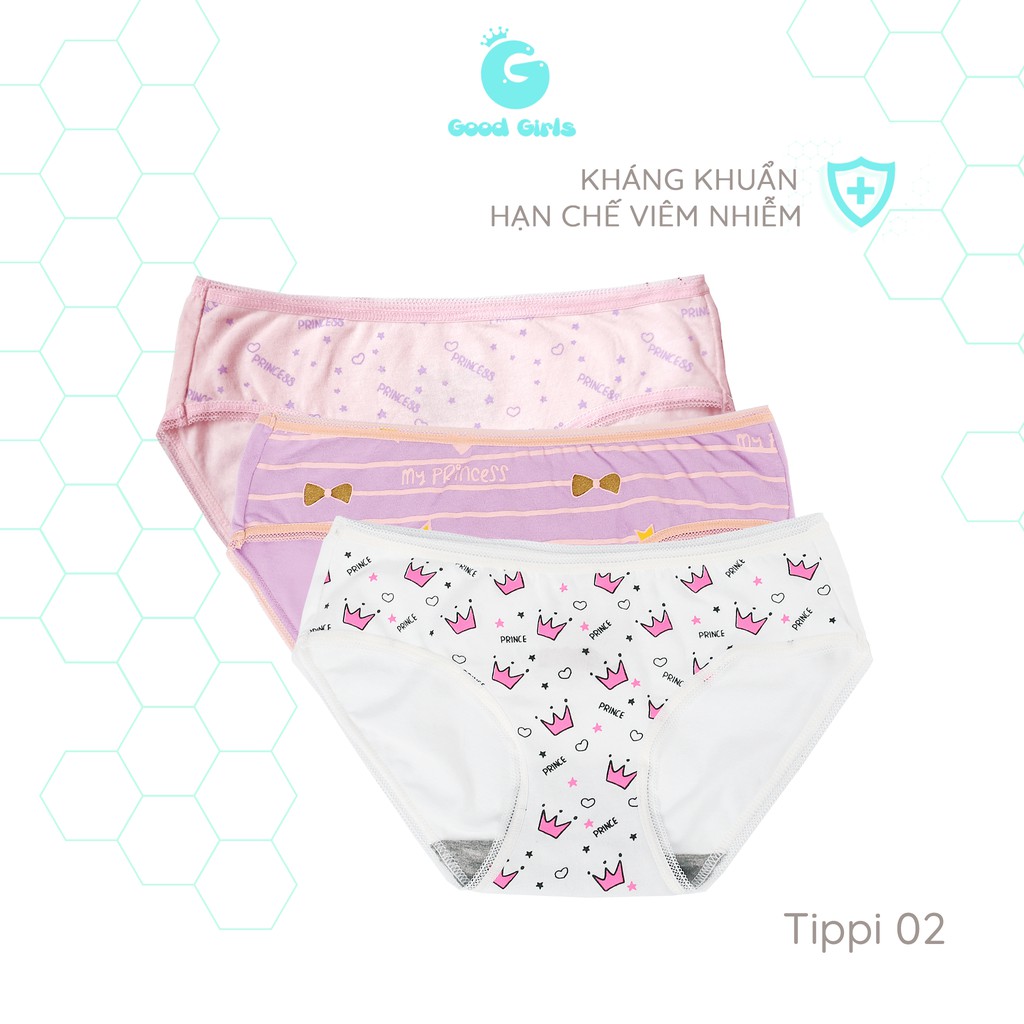 Set 3 Quần Lót Kháng Khuẩn Cotton viền thun râu Tippi Dễ Thương Cho Bé Gái Học Sinh Good Girls từ 3 10 13 18