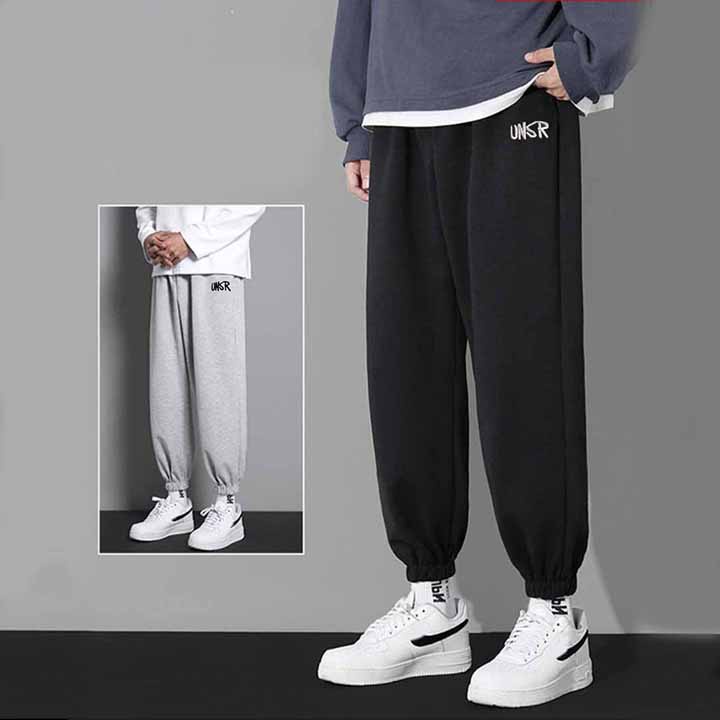 Quần nỉ nam nữ ống rộng  Mẫu hót  Quần boom dáng jogger bo gấu unisex thêu unsr 3 màu đen trắng xám