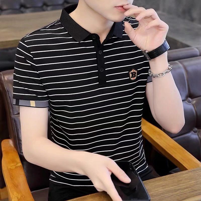 Áo polo Tay Ngắn Kẻ Sọc Trắng Đen Phong Cách Hàn Quốc Cho Nam