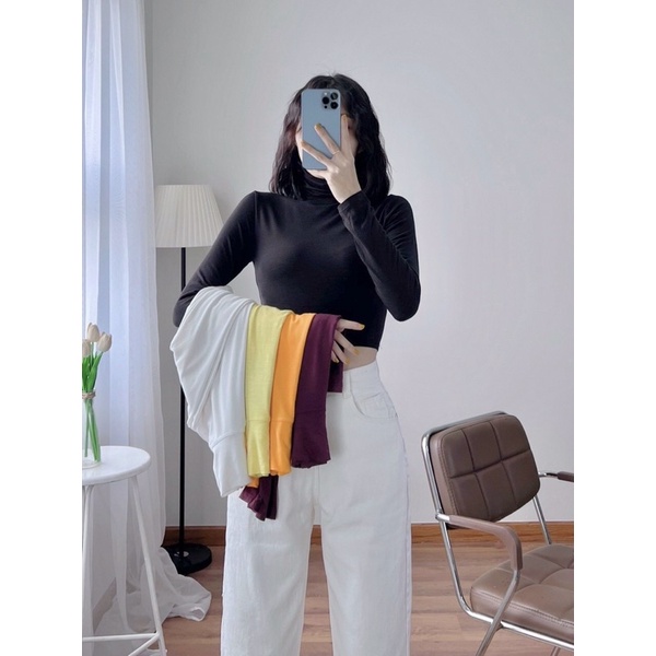 Áo thun croptop cổ lọ 7 phân tay dài - áo croptop tay dài- -áo len cổ lọ giữ nhiệt-ao cổ lọ chất thun lụa-áo croptop