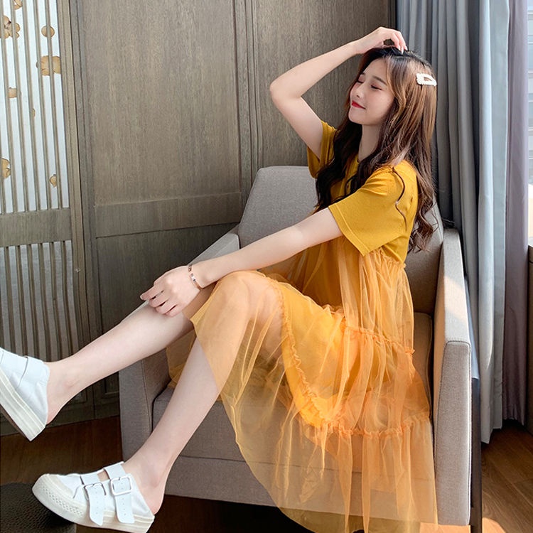 Đầm Thun Tay Ngắn Phối Lưới Màu Xanh Bơ Thời Trang Cho Nữ