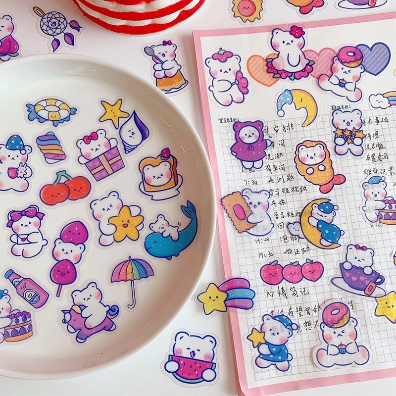 Set 40 tấm sticker cute hình con gấu trắng dễ thương hàng Quảng Châu trang trí sổ vở viết đồ dùng