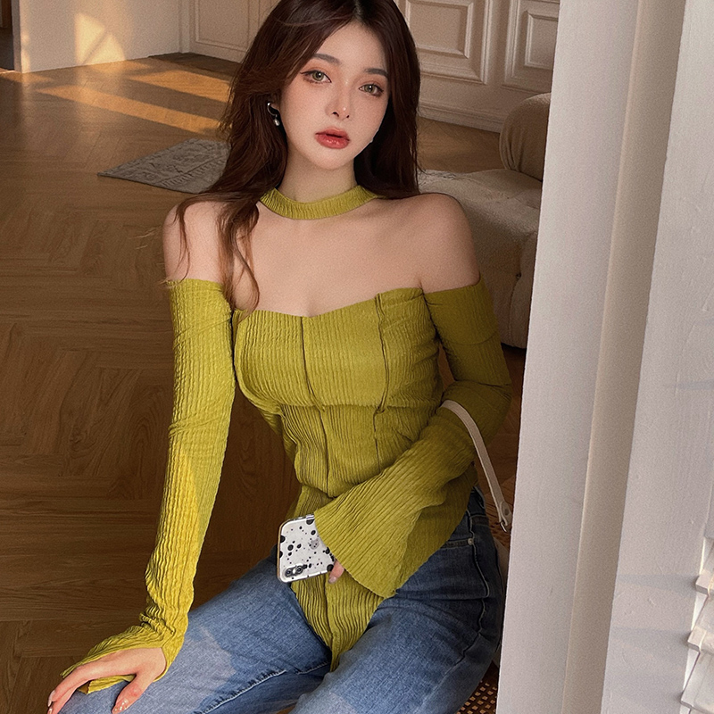 IELGY  Áo Thun Tay Dài Hở Vai Tự Cột Dây Thời Trang Cho Nữ