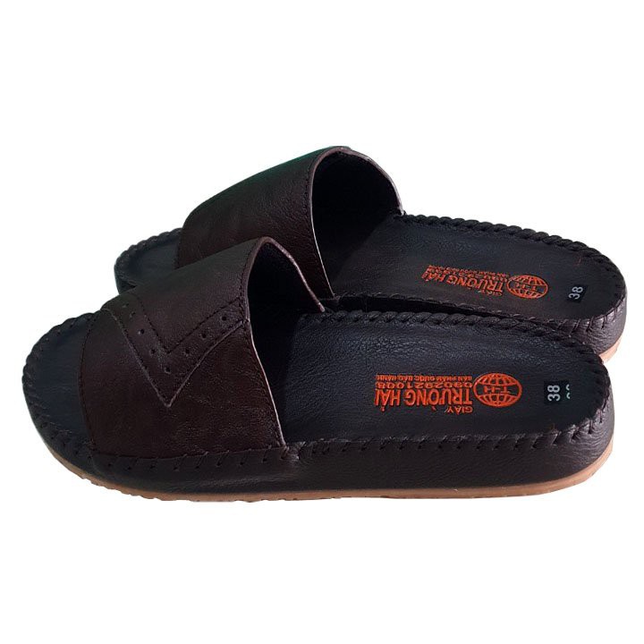 Dép nam quai ngang da bò màu nâu đế cao 3cm Trường Hải may viền chắc chắn DDN134