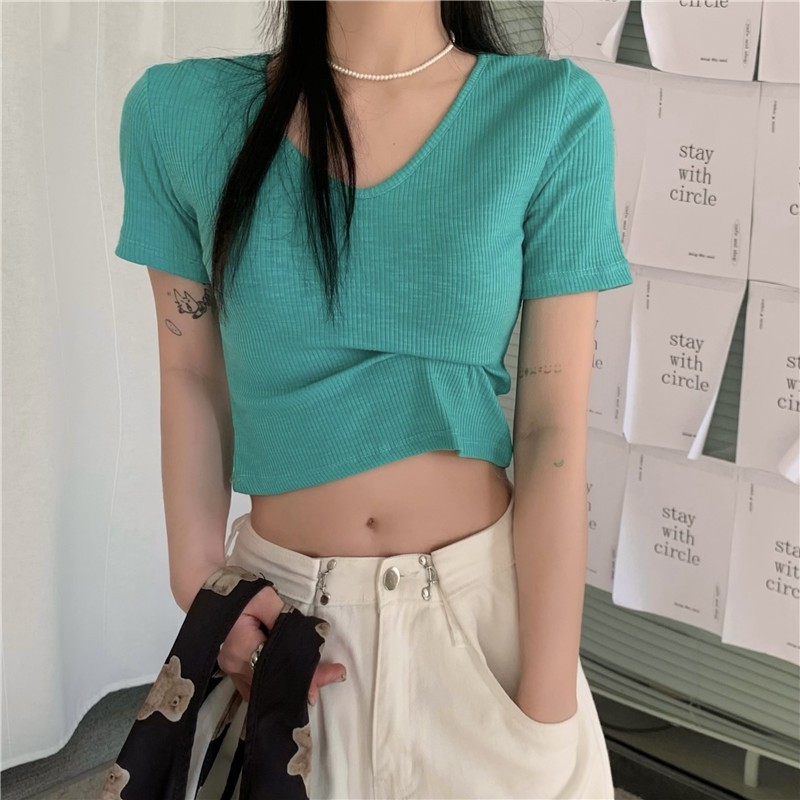 Áo Croptop Cổ Chữ V basic Bó Sát Ngắn Tay