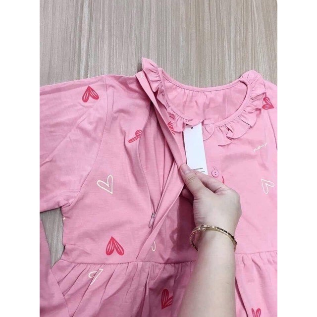 Bộ đồ bầu Tim cổ bèo Dài tay chất cotton cho các mẹ bầu mặc sau sinh, có khoá kéo ti cho con bú BD904