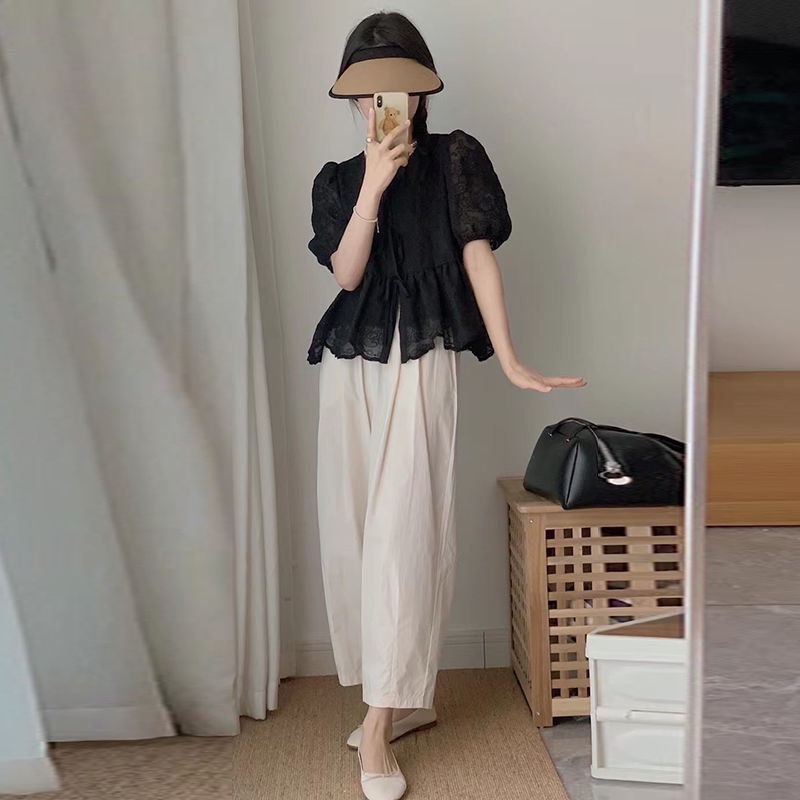 Set áo tay ngắn thêu họa tiết và quần dài thời trang phong cách Hàn Quốc cho mẹ bầu (có bán lẻ)