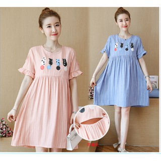 ĐẦM BẦU VÁY BẦU CÔNG SỞ IN MÈO sau sanh có dây kéo cho bé bú