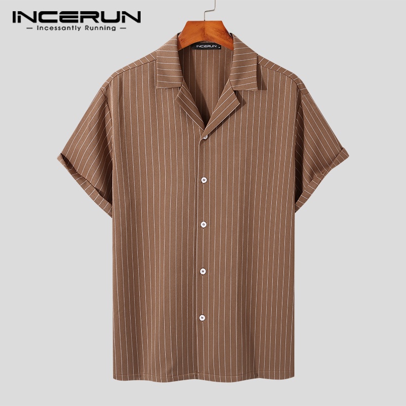 Áo sơ mi INCERUN ngắn tay họa tiết kẻ sọc thời trang mùa hè cho nam