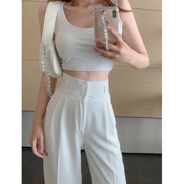 Quần Ống Rộng Lưng Cao 2 Khuy, Quần Ống Suông Cạp Cao 2 Cúc Phong Cách Hàn Quốc Trẻ Trung Năng Động